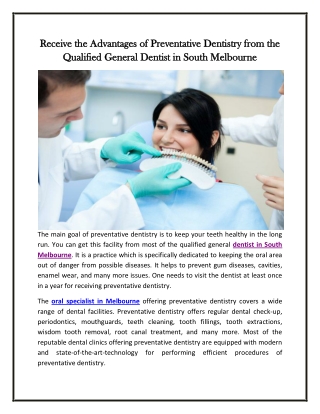 Receive the Advantages of Preventative Dentistry from the Qualified General Dentist in South Melbourne