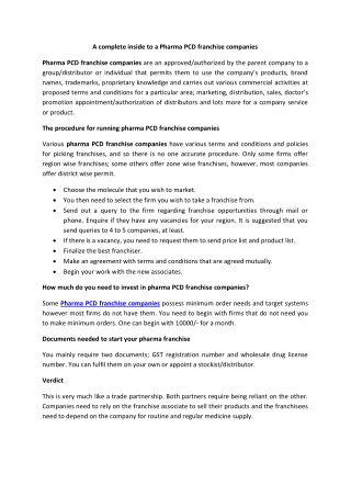 A complete inside to a Pharma PCD franchise companies