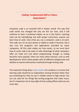 Coding Fundamental Skill or Future Expectation