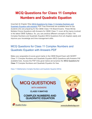 MCQs Class 11 Complex Numbers and Quadratic Equation with Answers PDF Download