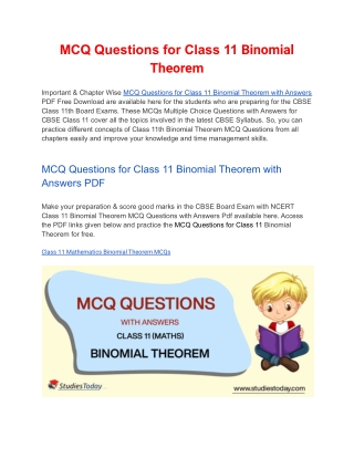MCQs Class 11 Binomial Theorem with Answers PDF Download