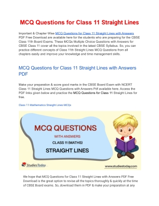 MCQs Class 11 Straight Lines with Answers PDF Download