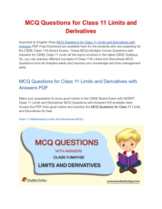 MCQs Class 11 Limits and Derivatives with Answers PDF Download
