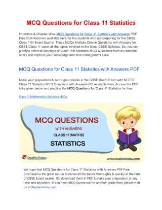 MCQs Class 11 Statistics with Answers PDF Download