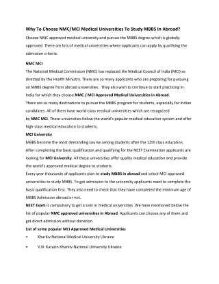 Why To Choose NMC MCI Medical Universities To Study MBBS In Abroad PDF