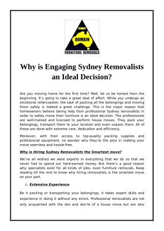 Why is Engaging Sydney Removalists an Ideal Decision