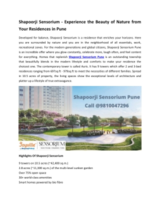 Shapoorji Sensorium - Experience the Beauty of Nature from Your Residences in Pune