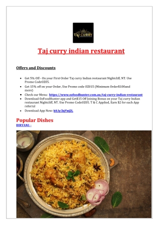 5% Off - Taj curry Indian restaurant Nightcliff Menu, NT