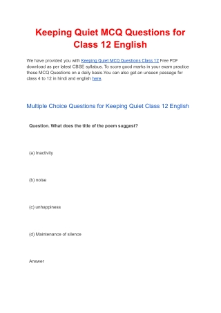 Keeping Quiet MCQ Questions Class 12 English Free PDF Download