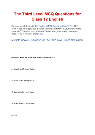 The Third Level MCQ Questions for Class 12 English Free PDF