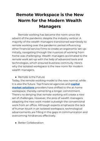 Remote Workspace is the New Norm for the Modern Wealth Managers