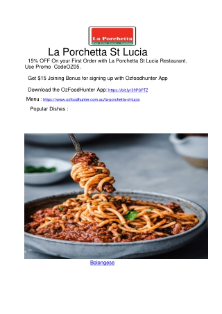 La Porchetta St Lucia Italian restaurant delivery menu - 15% Off