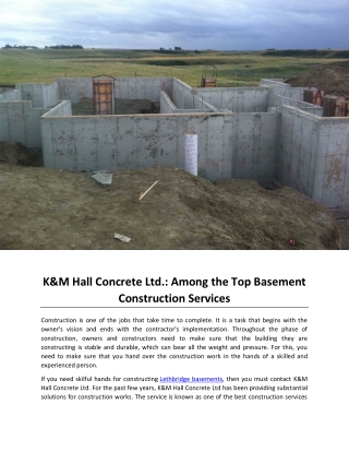 K and M Hall Concrete Ltd Among the Top Basement Construction Services