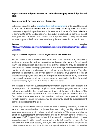 Superabsorbent Polymers Market to Undertake Strapping Growth by the End 2028