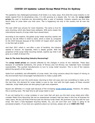 COVID-19 Update Latest Scrap Metal Price In Sydney