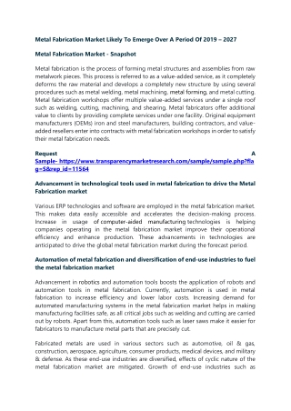 Metal Fabrication Market Likely To Emerge Over A Period Of 2019 – 2027