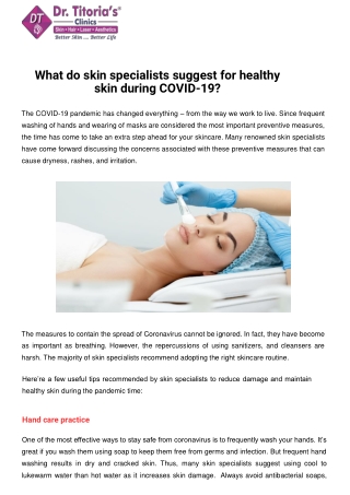 What do skin specialists suggest for healthy skin during COVID-19