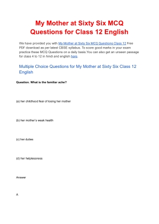 My Mother at Sixty Six MCQ for Class 12 English Free PDF Download