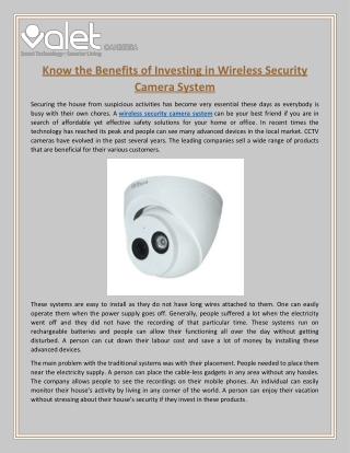 Know the Benefits of Investing in Wireless Security Camera System