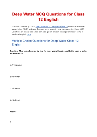 Deep Water MCQ Questions for Class 12 English Free PDF Download