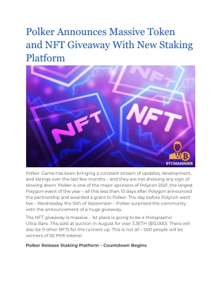 Polker Announces Massive Token and NFT Giveaway With New Staking Platform