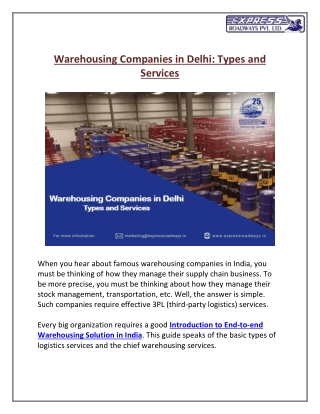 Warehousing Companies in Delhi - Types and Services