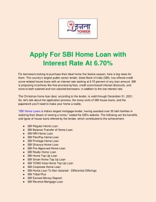 Apply For SBI Home Loan With Interest Rate At 6.70% - Janta Power