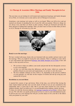 LA Therapy & Associates Offers Marriage and Family Therapists in Los Feliz