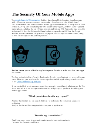 The Security Of Your Mobile Apps