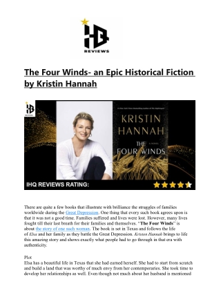 The Four Winds- an Epic Historical Fiction by Kristin Hannah