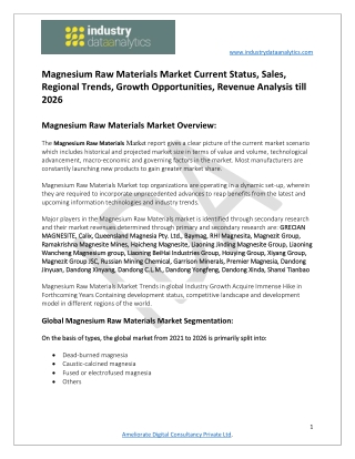 Magnesium Raw Materials Market CAGR Status, Future Trends during Forecast 2026