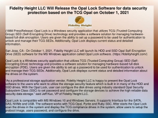 Fidelity Height LLC Will Release the Opal Lock Software for data