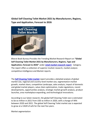 Global Self Cleaning Toilet Market 2021 Research Report 2026