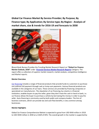 Global Car Finance Market Trends, Application and Regional Forecast to 2016-2030