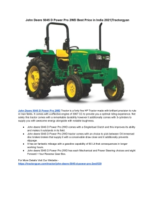 John Deere 5045 D Power Pro 2WD Best Price in India 2021|Tractorgyan