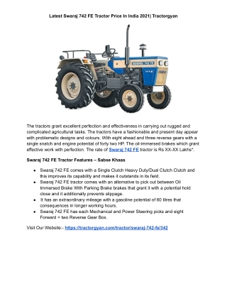 Latest Swaraj 742 FE Tractor Price In India 2021| Tractorgyan
