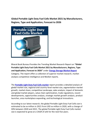 Global Portable Light Duty Fuel Cells Market 2021 Research Report 2026