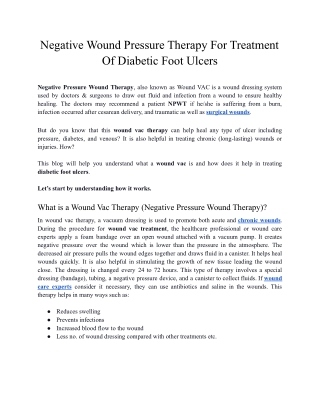 Negative Wound Pressure Therapy for Treatment of Diabetic Foot Ulcers