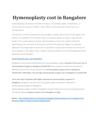 Hymenoplasty cost in Bangalore