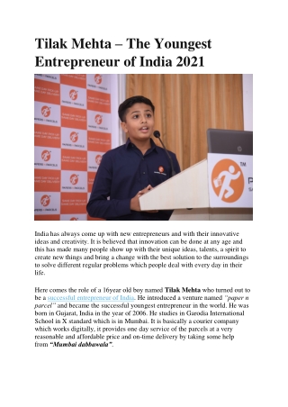 Tilak Mehta The Youngest Entrepreneur of India 2021