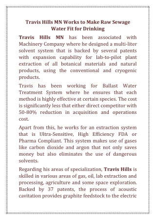 Travis Hills MN Works to Make Raw Sewage Water Fit for Drinking