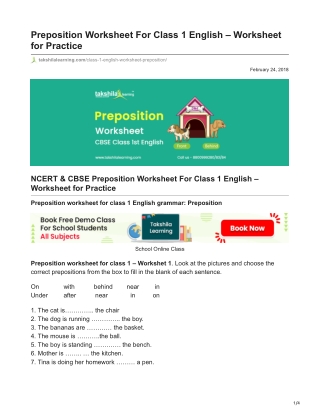 Preposition Worksheet For Class 1 English  Worksheet for Practice
