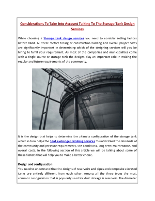 Considerations To Take into account talking to the storage tank design services