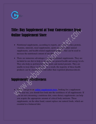 Buy Supplement At Your Convenience From Online Supplement Store