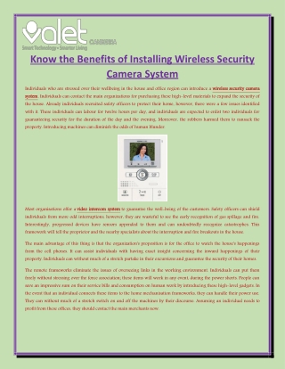 Know the Benefits of Installing Wireless Security Camera System