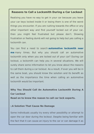 Reasons to Call a Locksmith During a Car Lockout