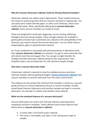 Why Are Vacuum Desiccator Cabinets Used For Storing Chemical Samples