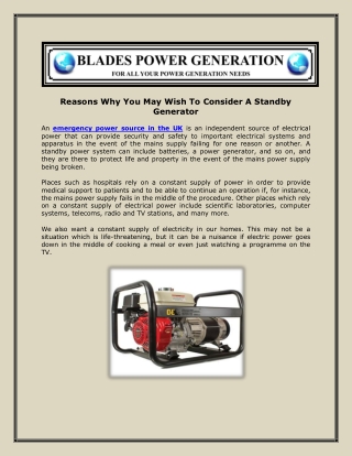 Reasons Why You May Wish To Consider A Standby Generator