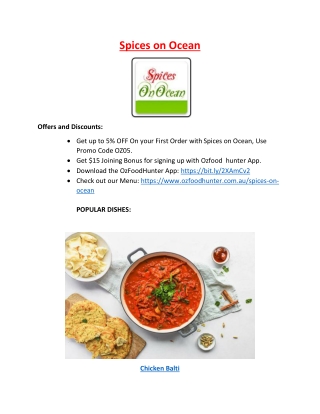 5% Off - Spices on Ocean Menu - Indian Restaurant Rockingham, WA