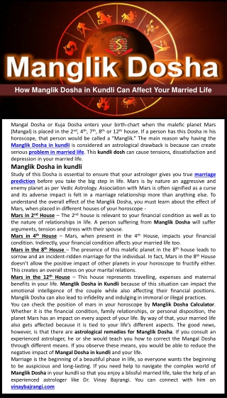 Manglik Dosha in Kundli